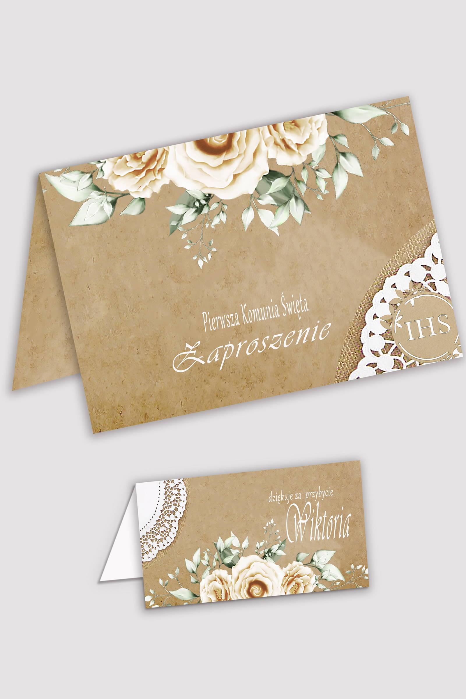 Personalizowane zaproszenia komunijne i winietki - Pergaminowy beż - obraz 0