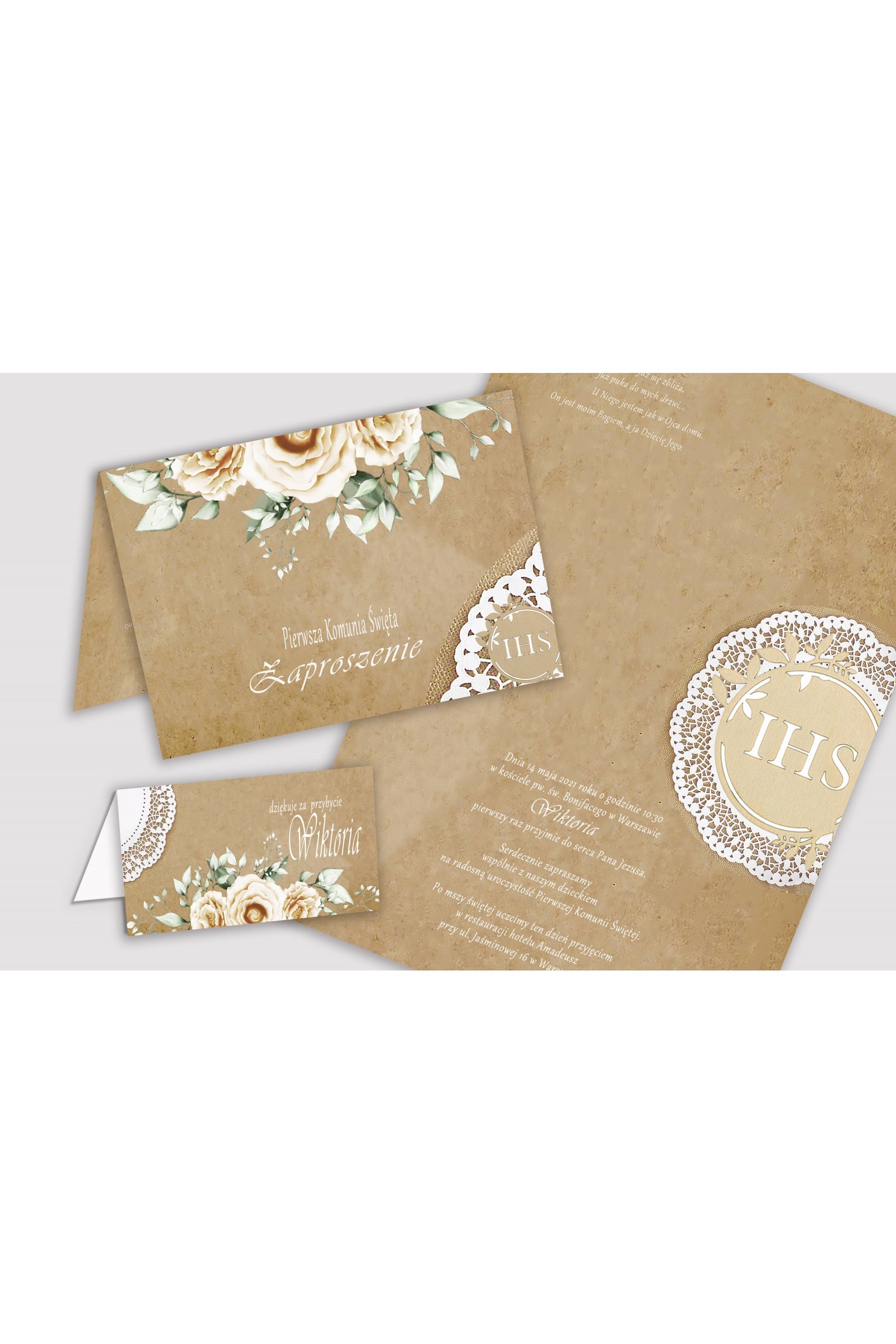 Personalizowane zaproszenia komunijne i winietki - Pergaminowy beż - obraz 1