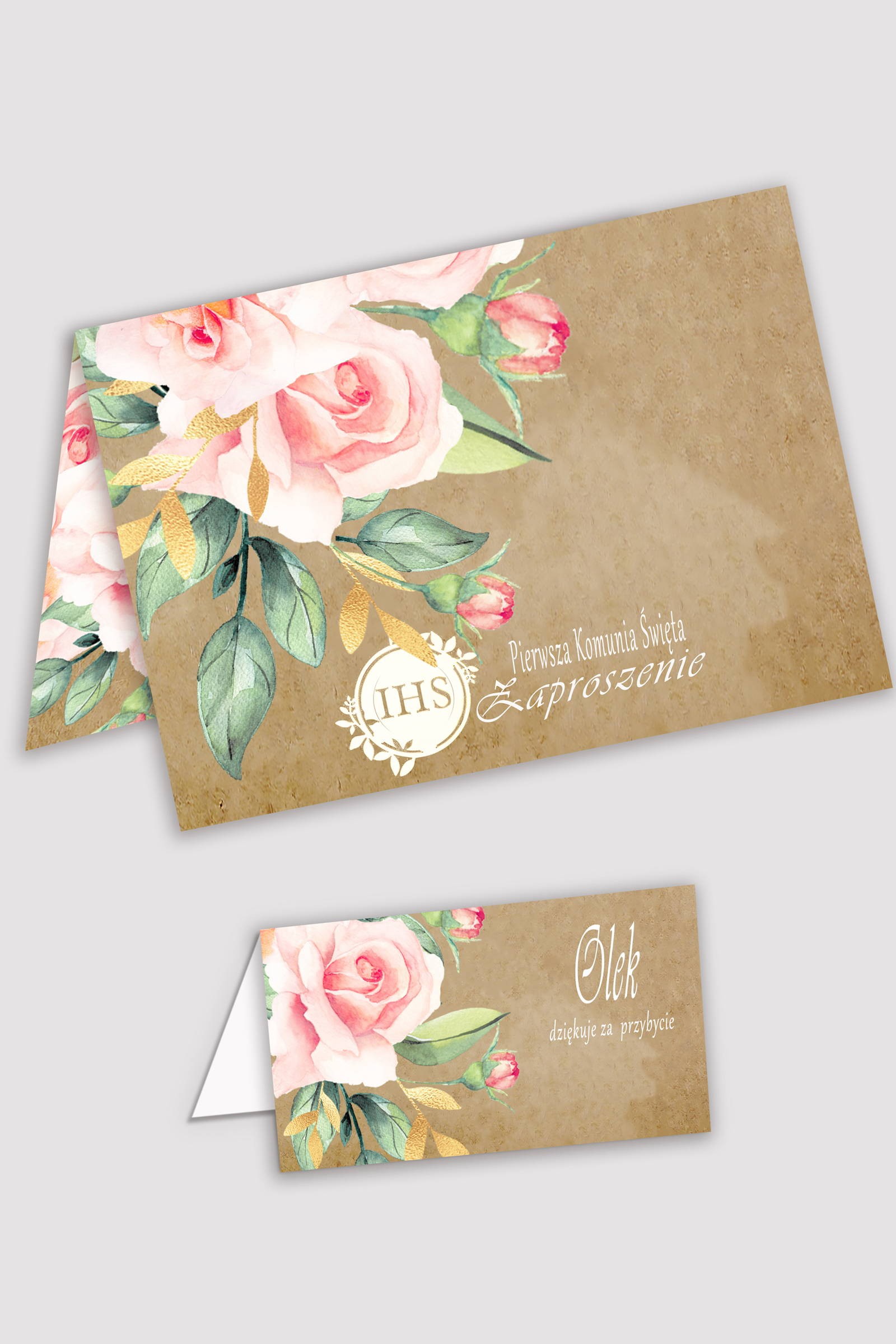 Personalizowane zaproszenia komunijne i winietki - Pergaminowy bukiet - obraz 0