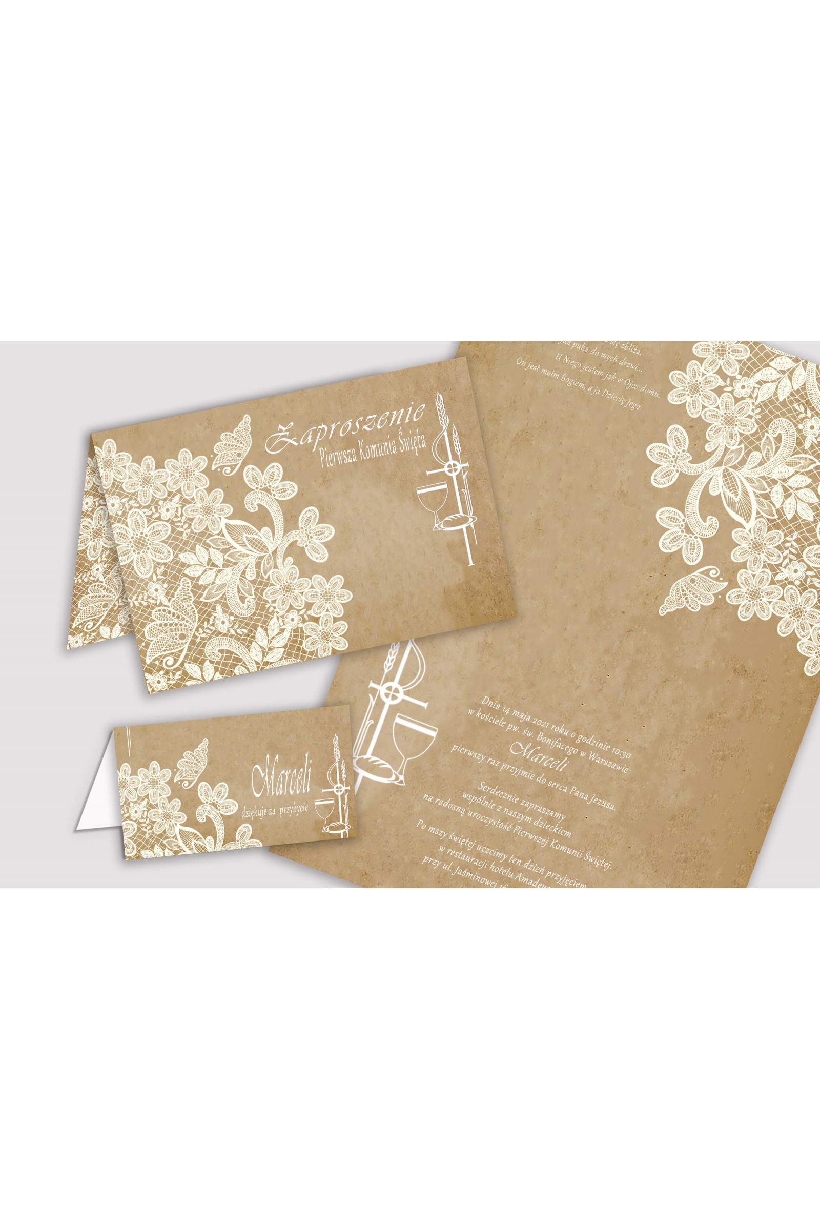 Personalizowane zaproszenia komunijne i winietki - Pergaminowy motylek - obraz 1
