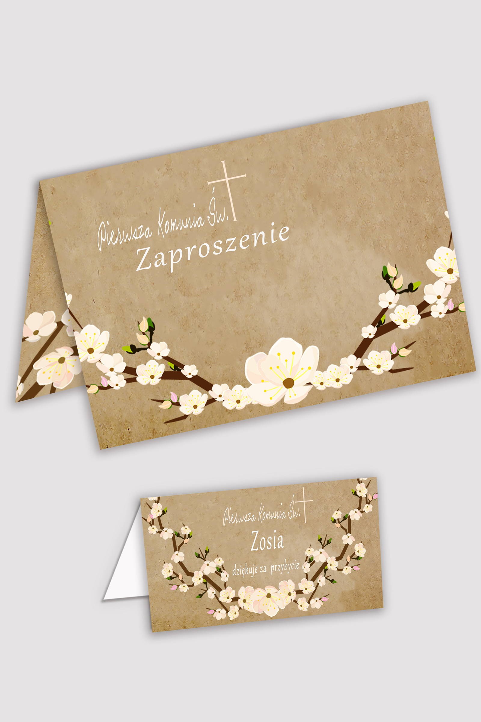 Personalizowane zaproszenia komunijne i winietki - Pergaminowy sad - obraz 1