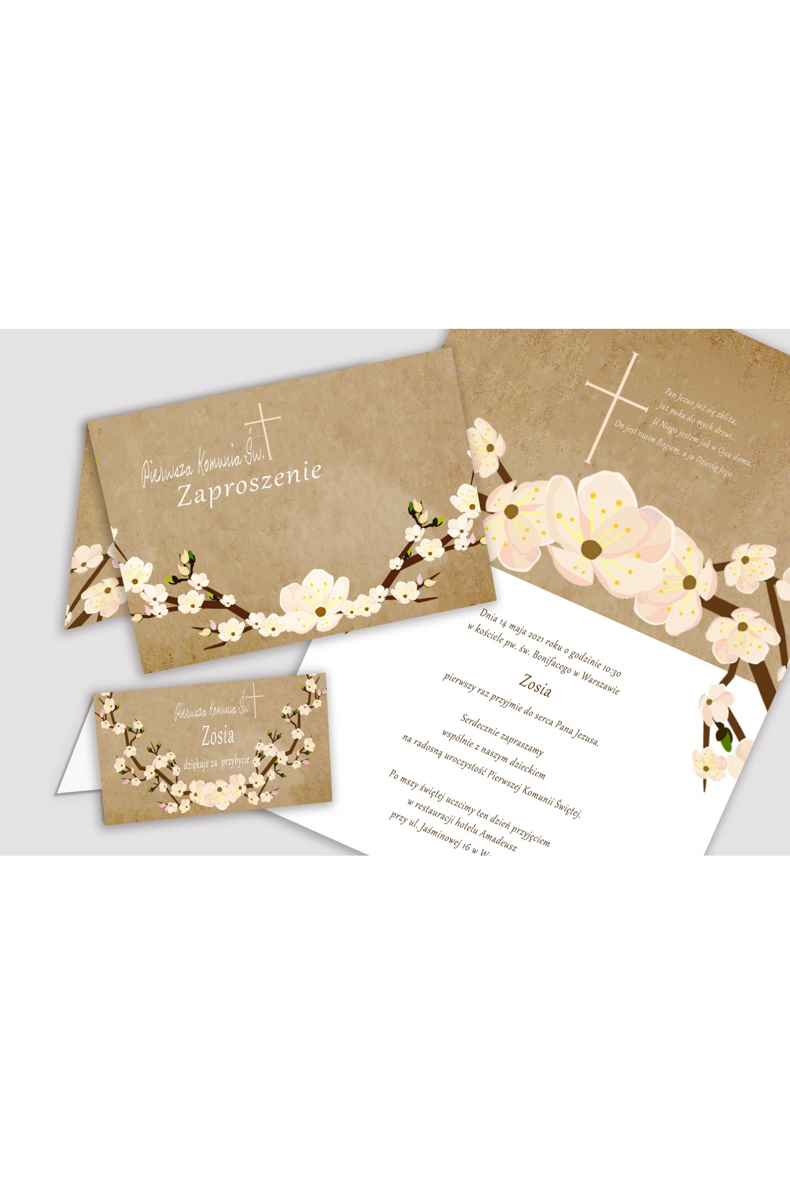 Personalizowane zaproszenia komunijne i winietki - Pergaminowy sad - obraz 0