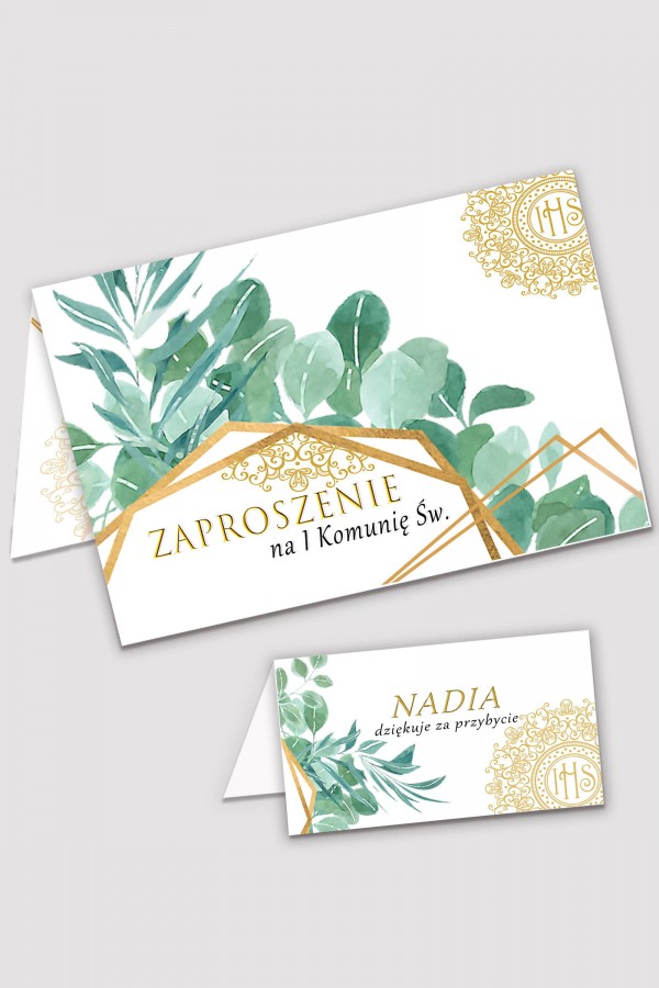 Personalizowane zaproszenia komunijne i winietki - Finezyjny Eukaliptus
