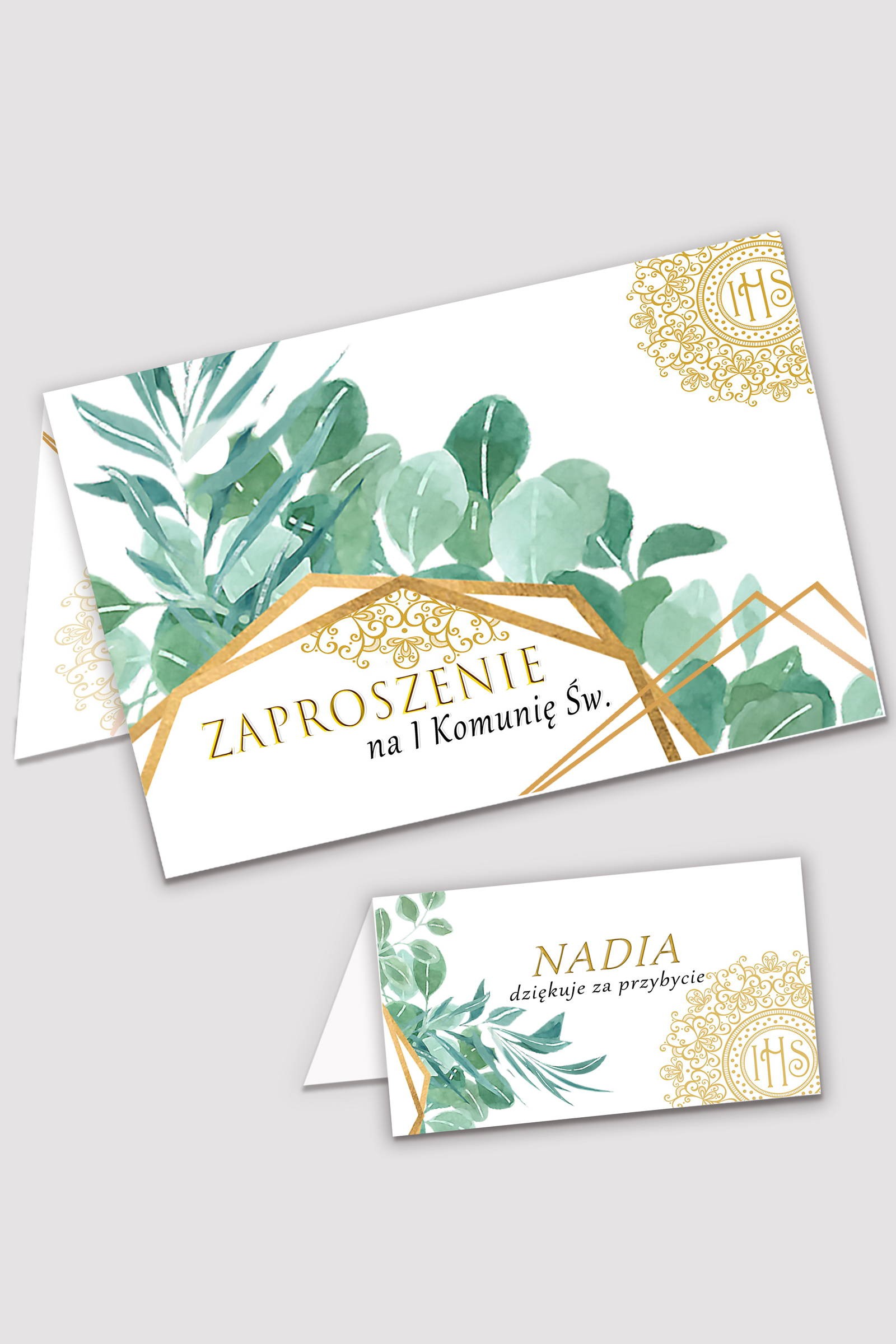 Personalizowane zaproszenia komunijne i winietki - Finezyjny Eukaliptus - obraz 1