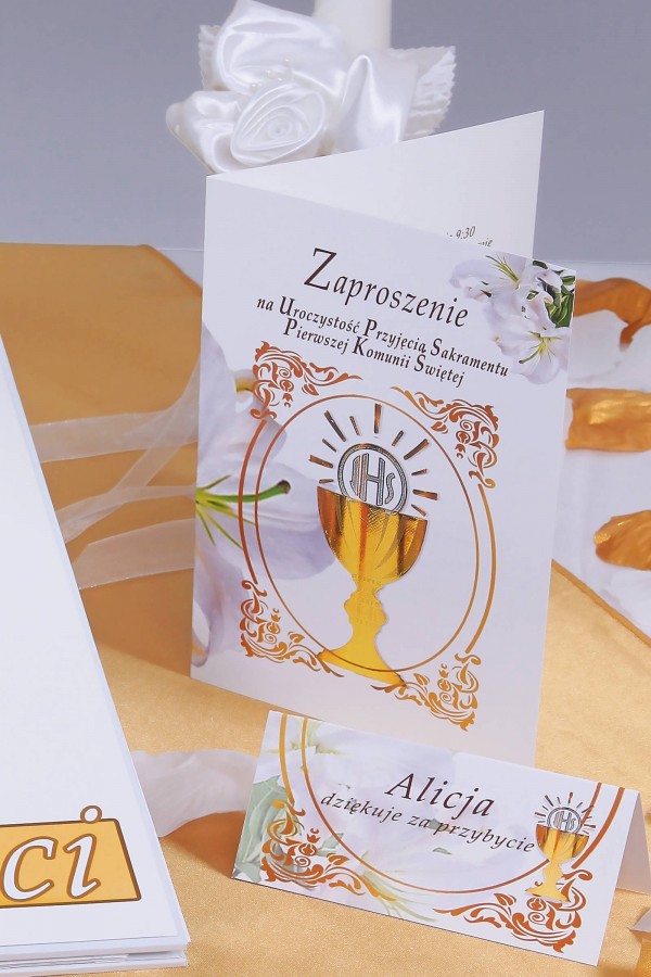Personalizowane zaproszenia komunijne i winietki - Złoty
