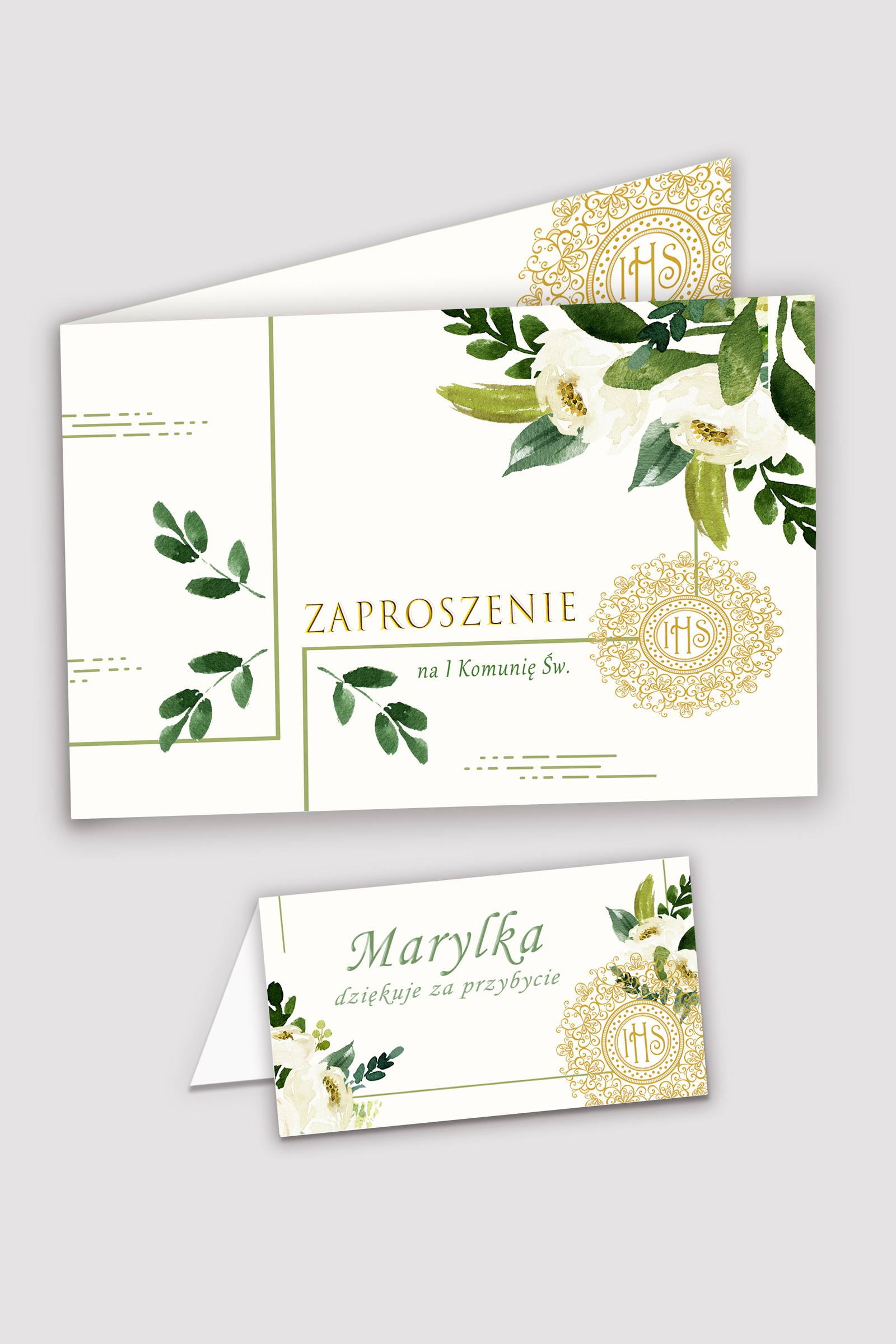 Personalizowane zaproszenia komunijne i winietki - Biały bukiecik - obraz 0
