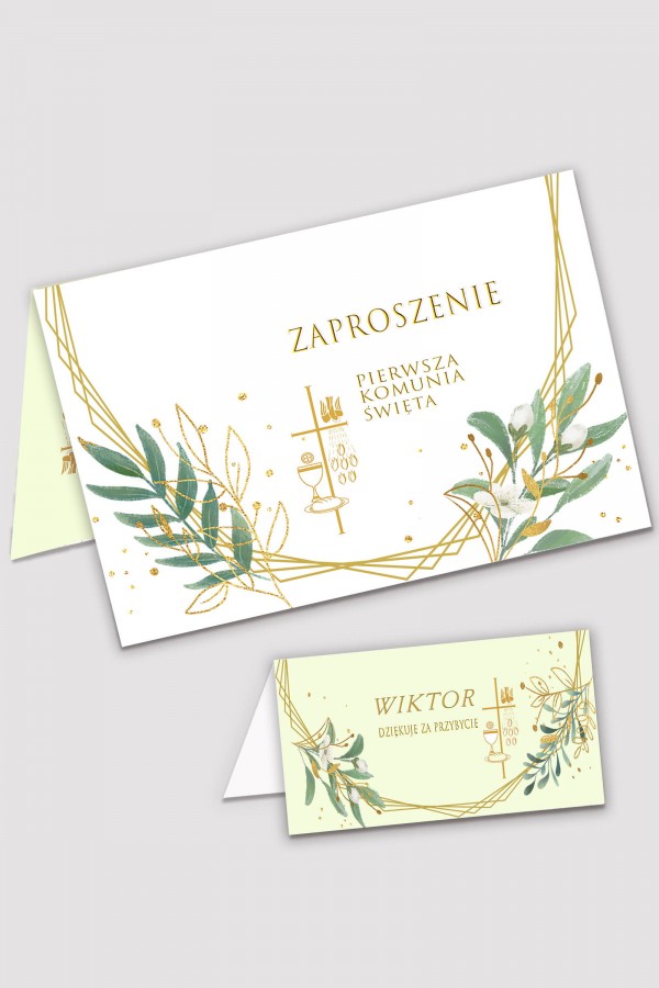 Personalizowane zaproszenia komunijne i winietki - Złoto i gałązki