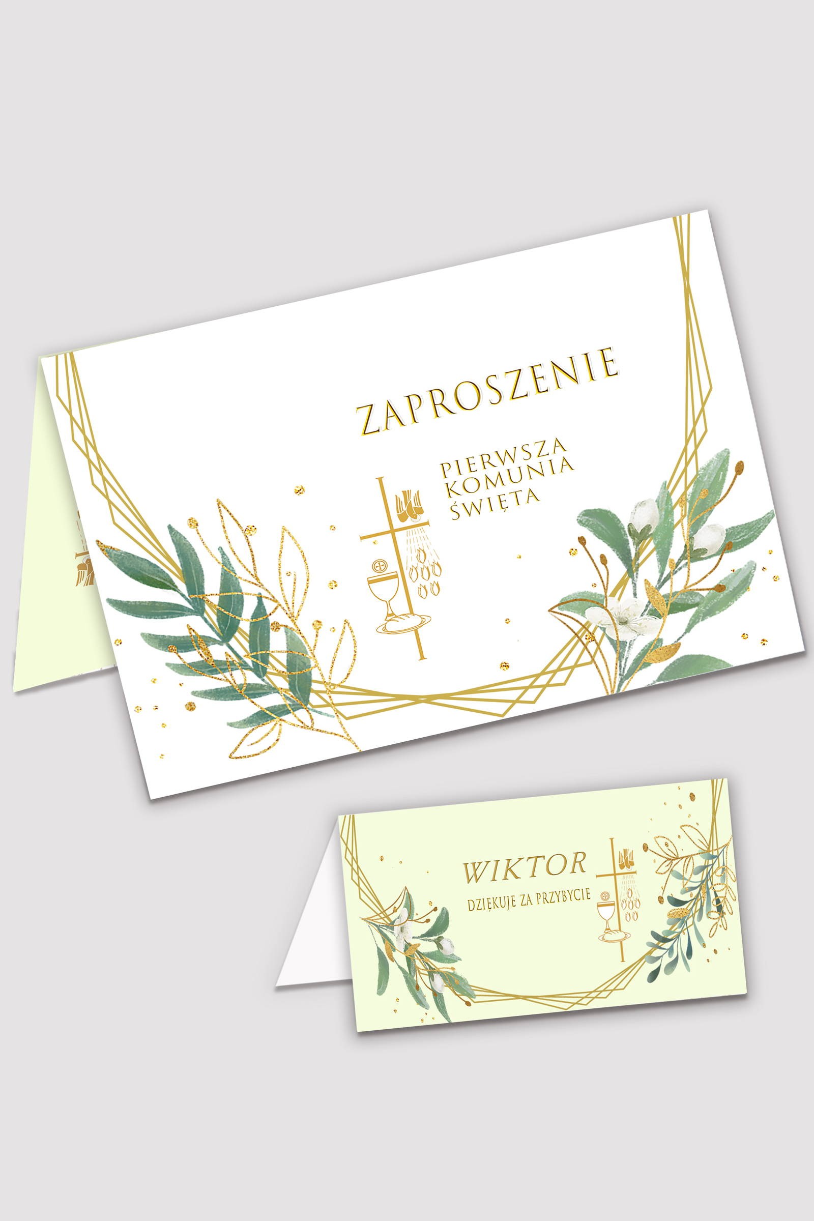 Personalizowane zaproszenia komunijne i winietki - Złoto i gałązki - obraz 0