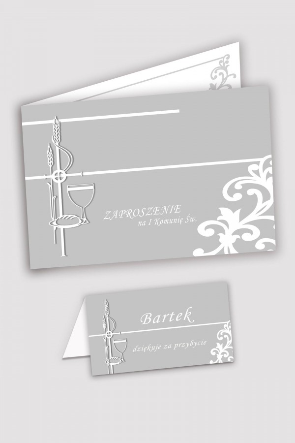 Personalizowane zaproszenia komunijne i winietki - Biała elegancja
