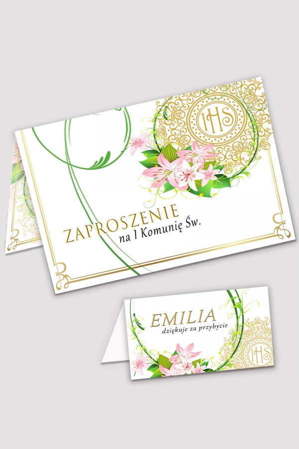 Personalizowane zaproszenia komunijne i winietki - Delikatność lilii