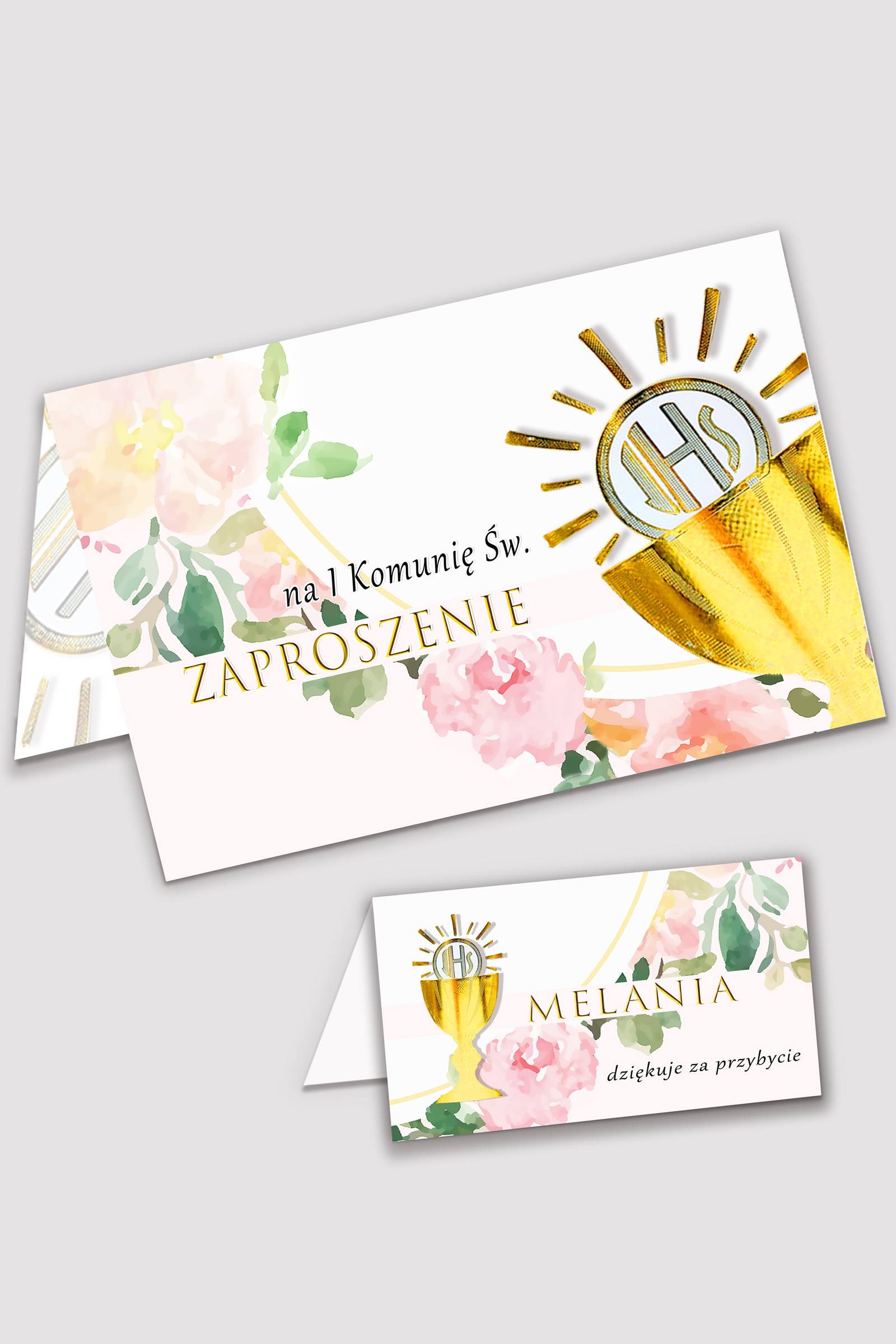 Personalizowane zaproszenia komunijne i winietki - Akwarelka różowa - obraz 0