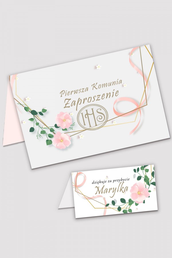 Personalizowane zaproszenia komunijne i winietki - Różowa wstążeczka