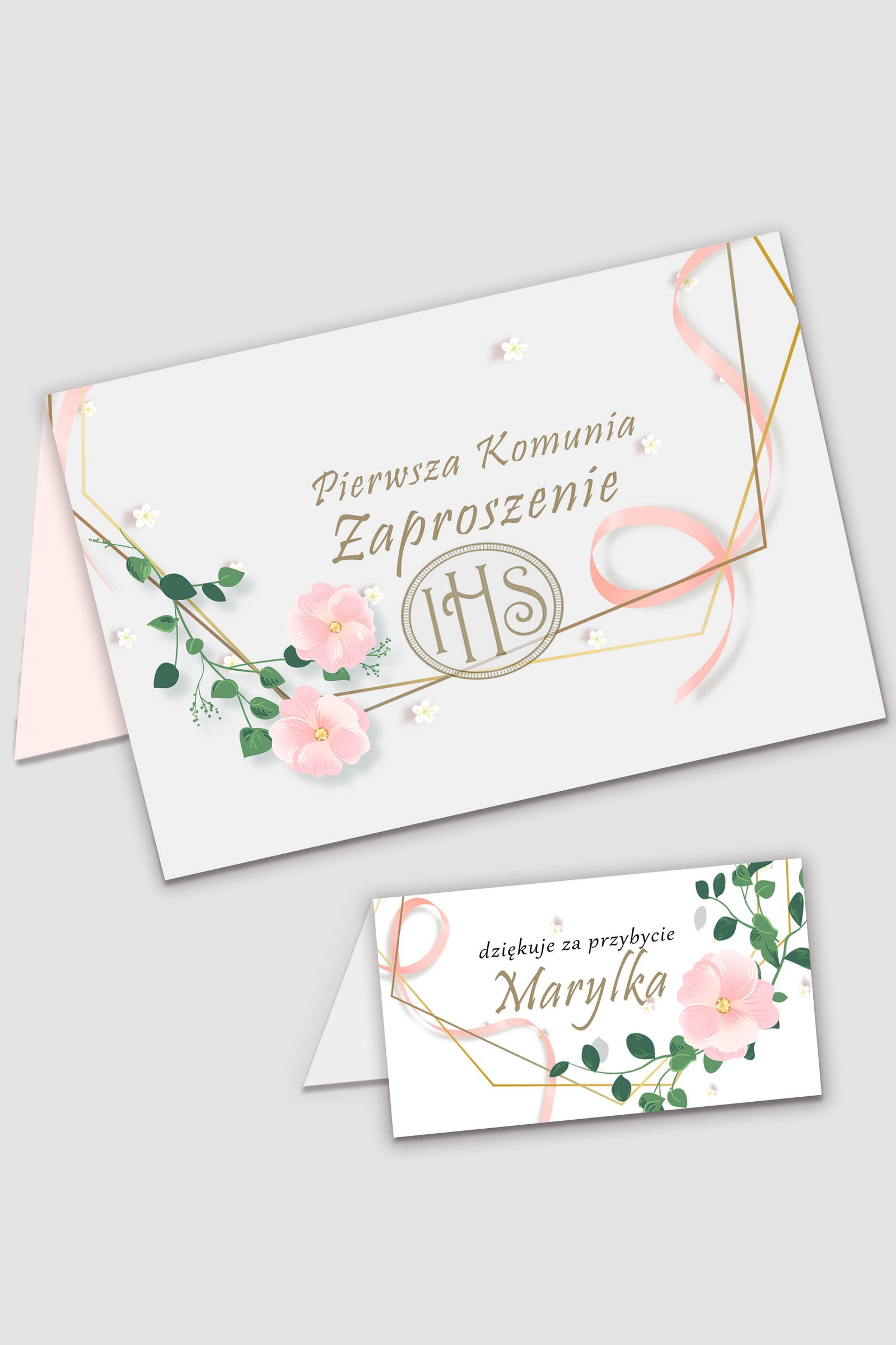Personalizowane zaproszenia komunijne i winietki - Różowa wstążeczka - obraz 0