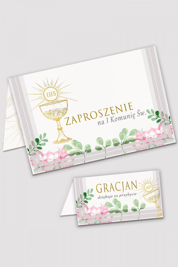 Personalizowane zaproszenia komunijne i winietki - Fiołki akwarelka