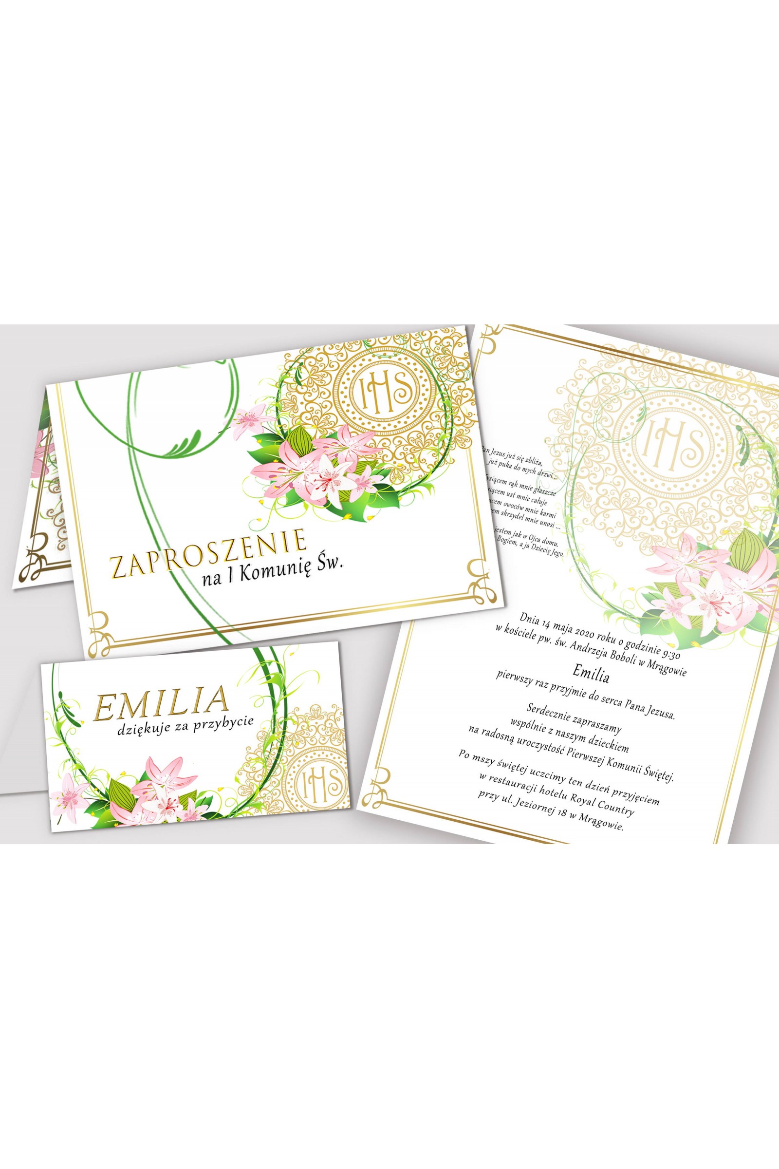 Personalizowane zaproszenia komunijne i winietki - Delikatność lilii - obraz 1