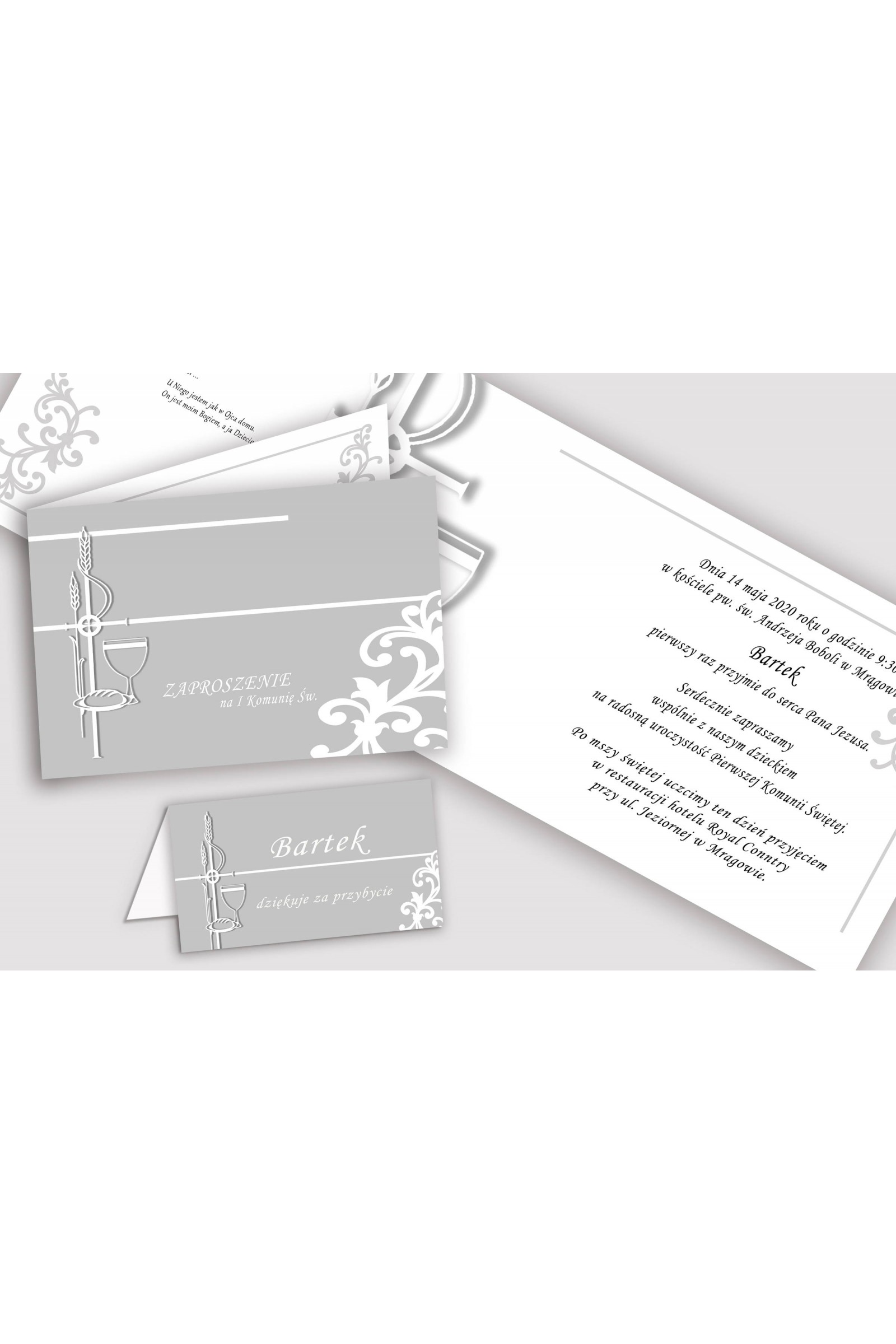 Personalizowane zaproszenia komunijne i winietki - Biała elegancja - obraz 1