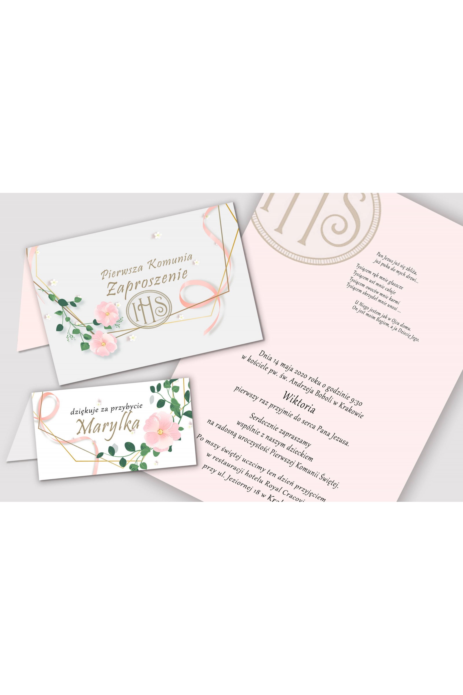 Personalizowane zaproszenia komunijne i winietki - Różowa wstążeczka - obraz 1