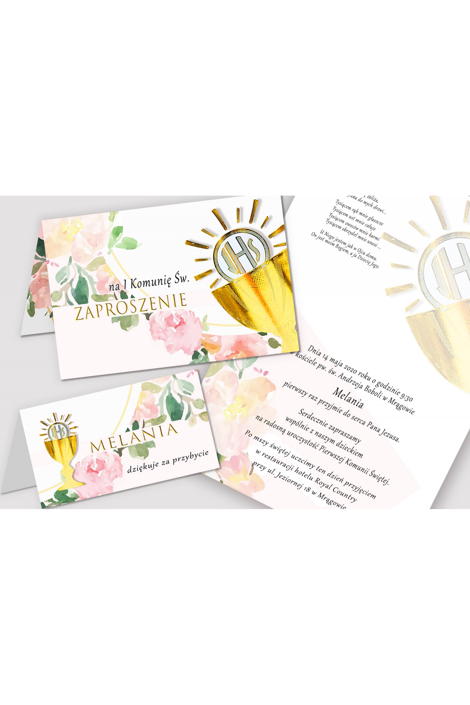 Personalizowane zaproszenia komunijne i winietki - Akwarelka różowa - obraz 1