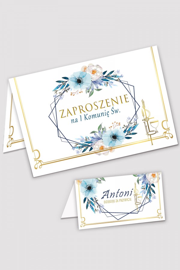 Personalizowane zaproszenia komunijne i winietki - Błękitna akwarelka