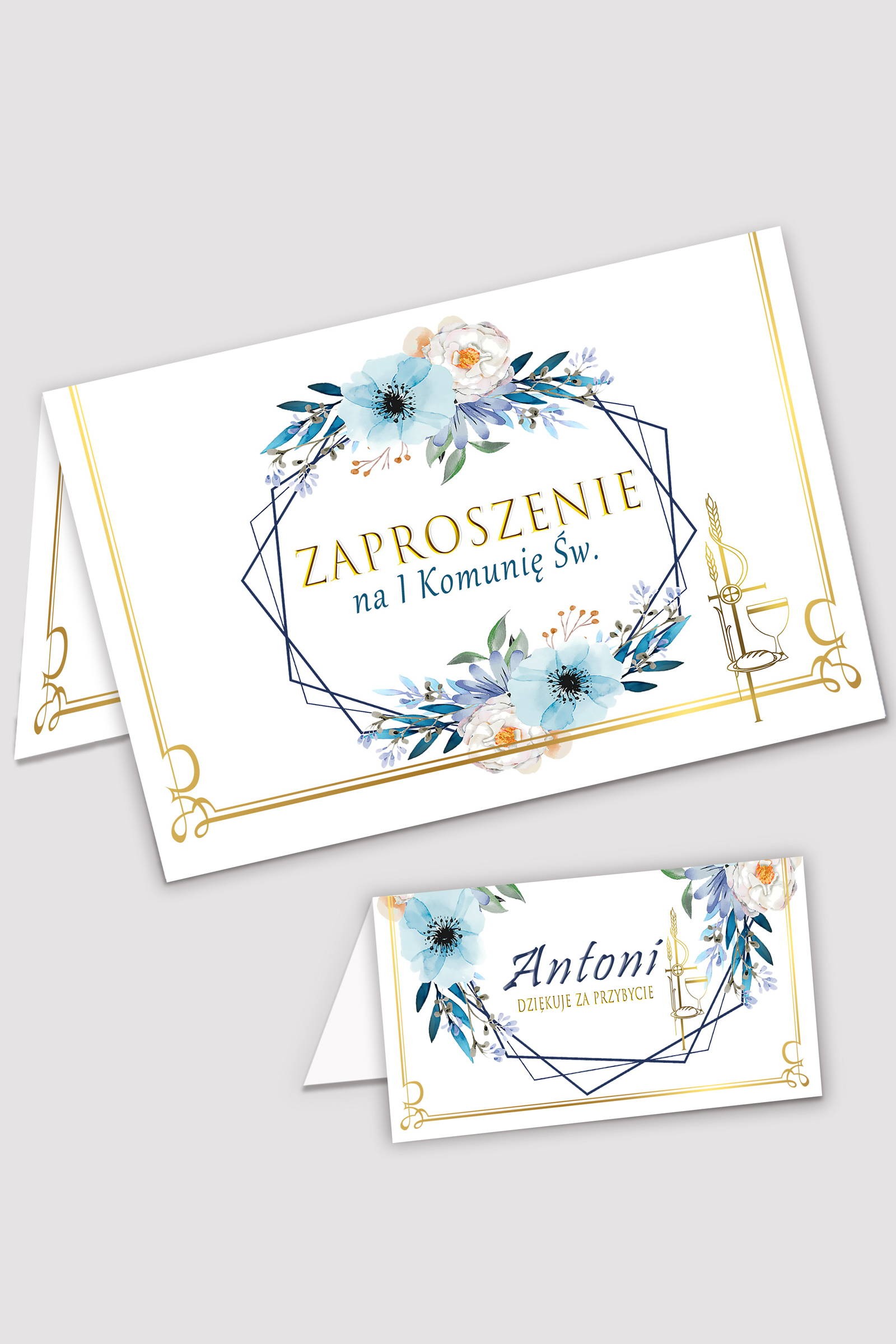 Personalizowane zaproszenia komunijne i winietki - Błękitna akwarelka - obraz 0