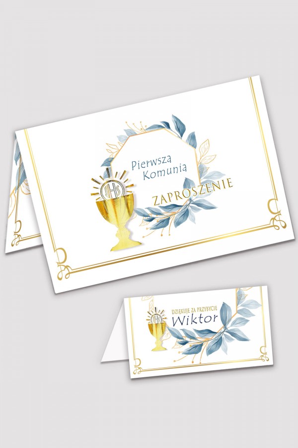Personalizowane zaproszenia komunijne i winietki - Złoto z nutką granatu