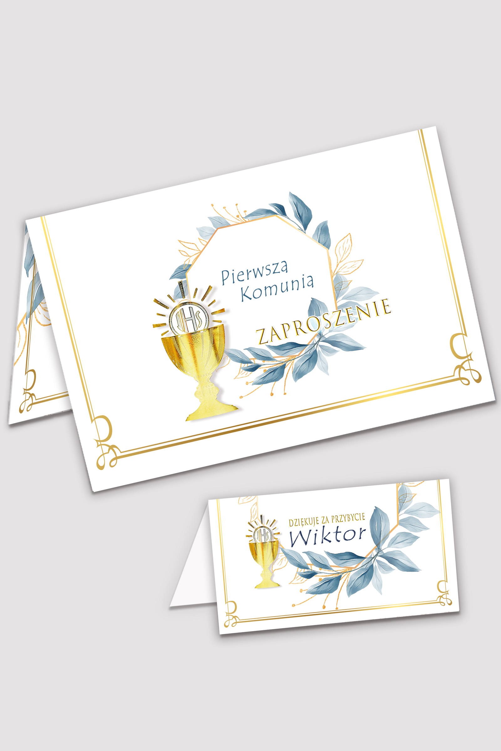 Personalizowane zaproszenia komunijne i winietki - Złoto z nutką granatu - obraz 0