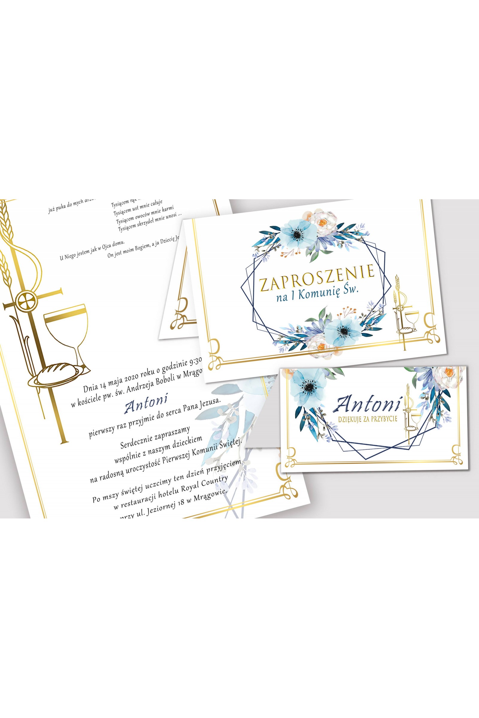 Personalizowane zaproszenia komunijne i winietki - Błękitna akwarelka - obraz 1