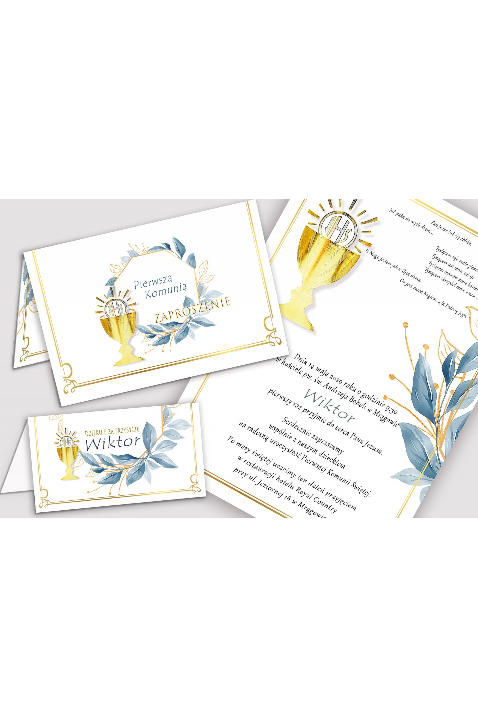 Personalizowane zaproszenia komunijne i winietki - Złoto z nutką granatu - obraz 1