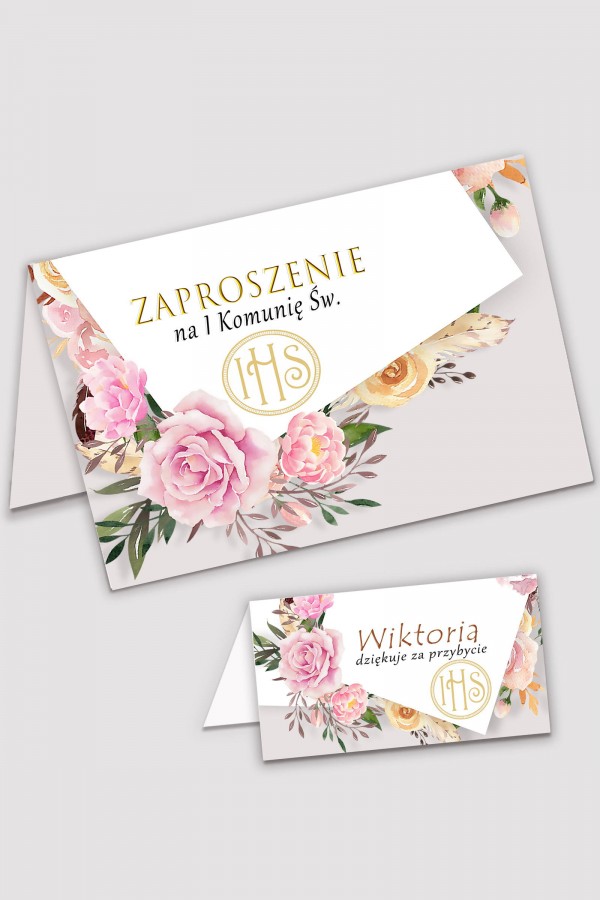 Personalizowane zaproszenia komunijne i winietki - Piwonia i róża