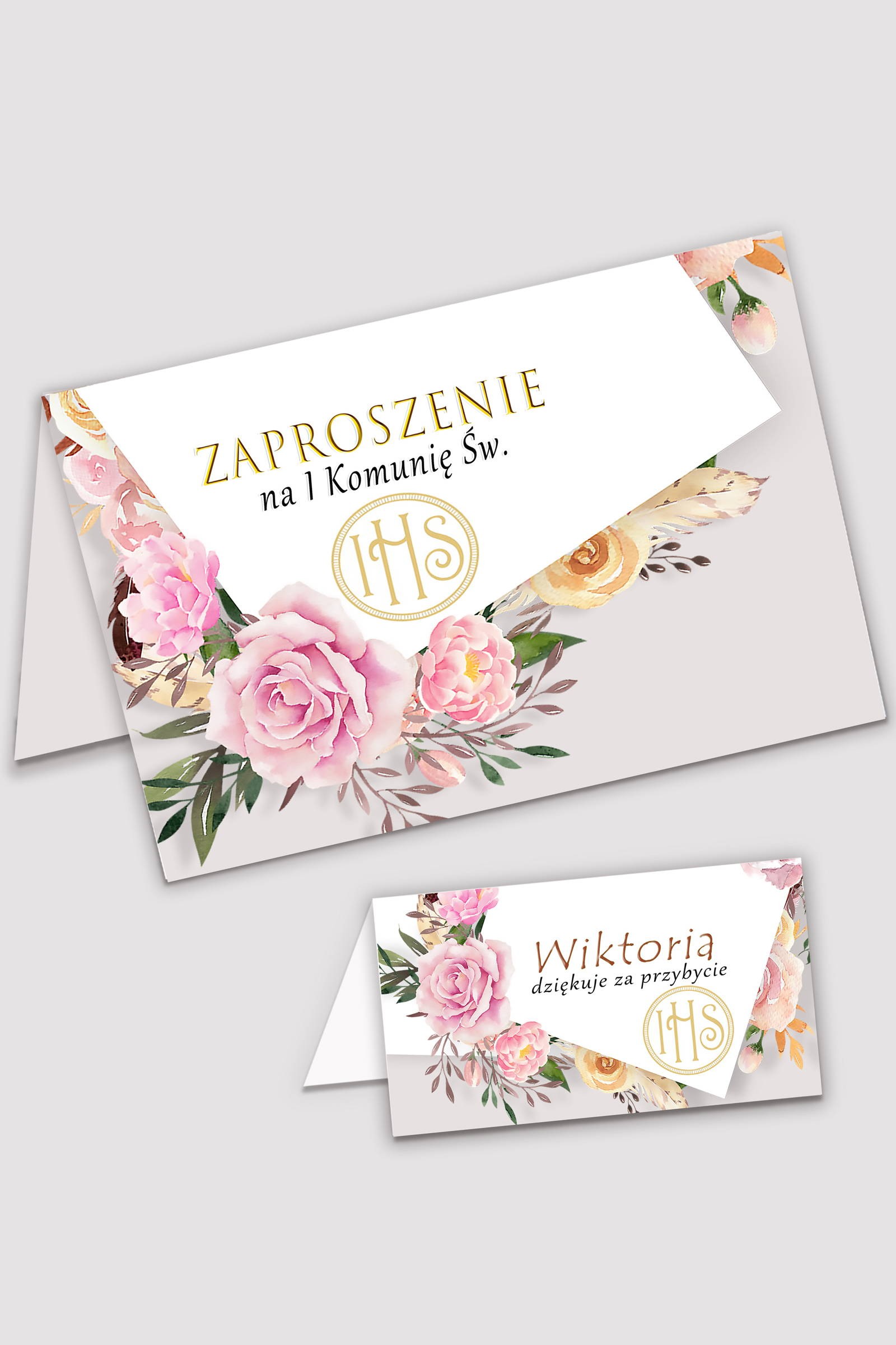 Personalizowane zaproszenia komunijne i winietki - Piwonia i róża - obraz 0