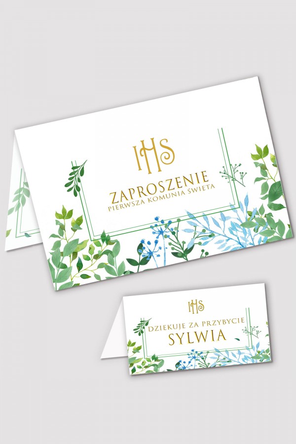 Personalizowane zaproszenia komunijne i winietki - Wiosenne listki