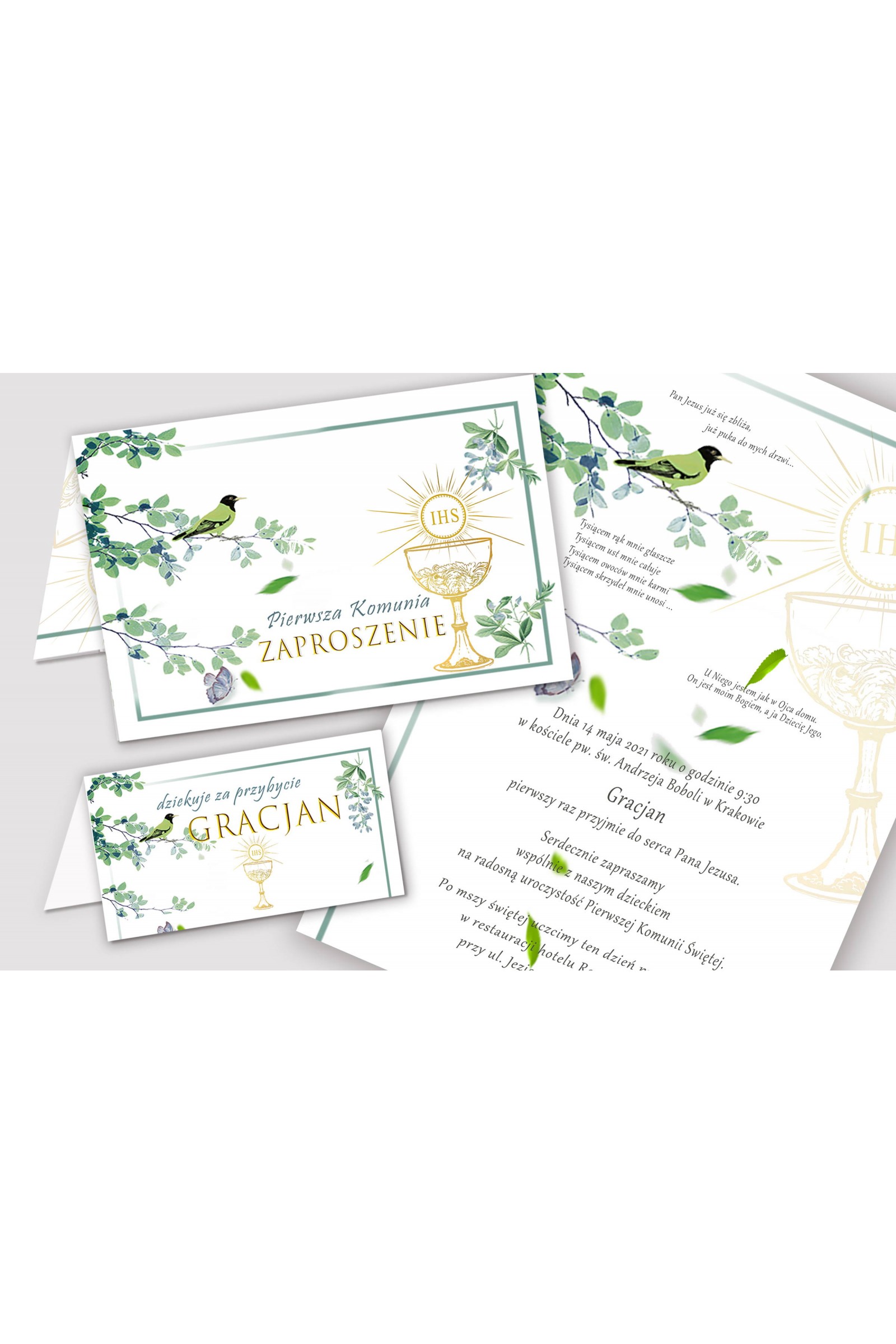 Personalizowane zaproszenia komunijne i winietki - Słowik w gaju - obraz 1