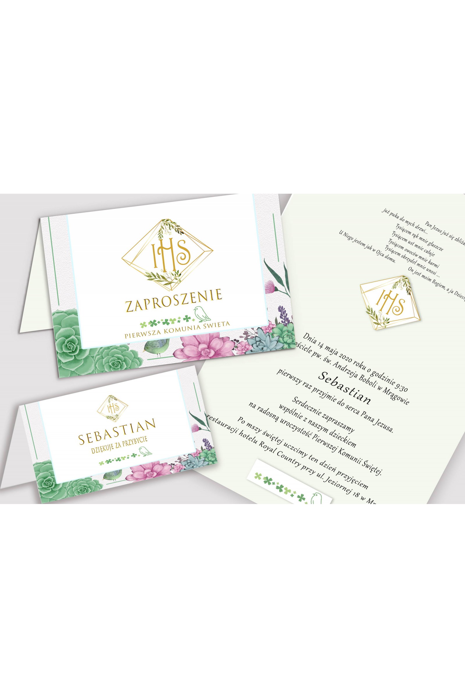 Personalizowane zaproszenia komunijne i winietki - Diamencik z eukaliptusem - obraz 1