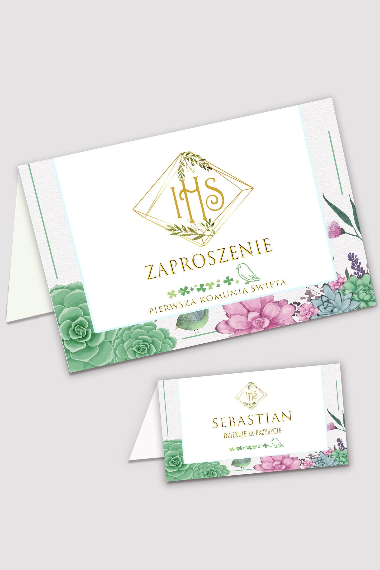 Personalizowane zaproszenia komunijne i winietki - Diamencik z eukaliptusem - obraz 0