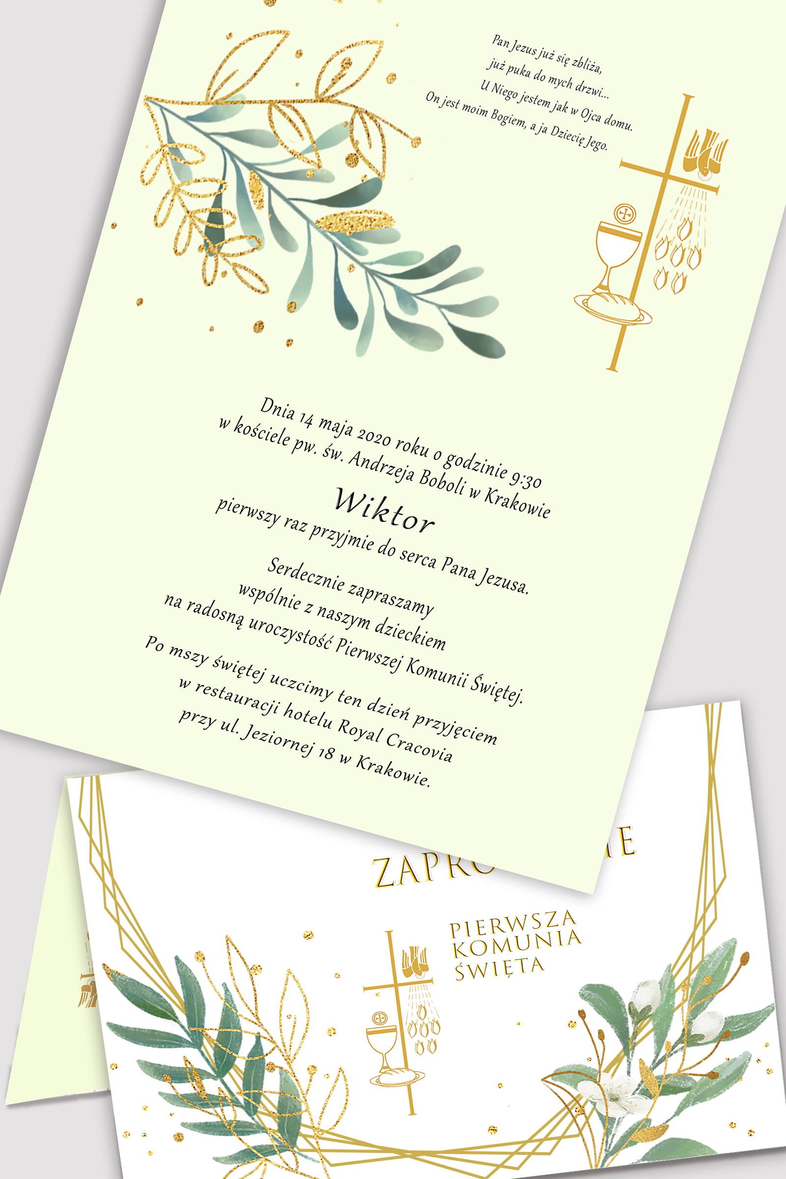 Personalizowane zaproszenia komunijne z zestawów - Złoto i gałązki - obraz 0