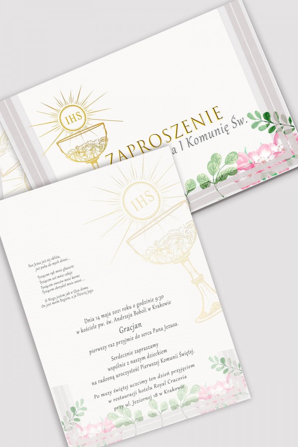 Personalizowane zaproszenia komunijne z zestawów - Fiołki akwarelka