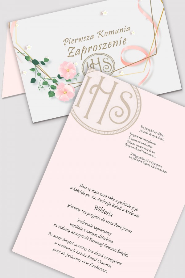 Personalizowane zaproszenia komunijne z zestawów - Różowa wstążeczka