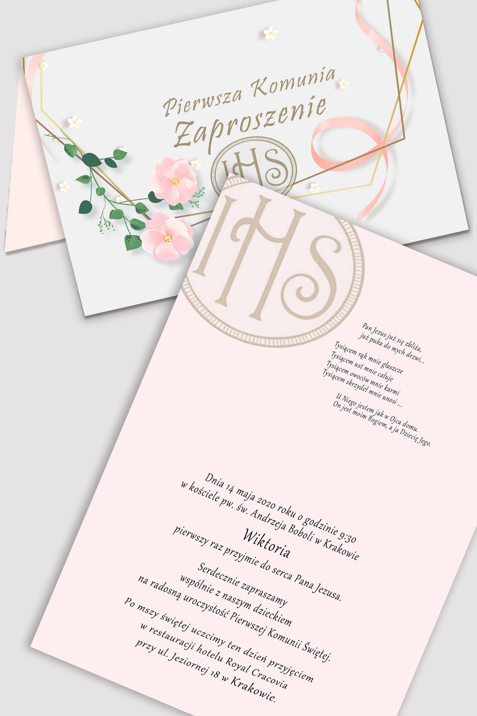 Personalizowane zaproszenia komunijne z zestawów - Różowa wstążeczka - obraz 0
