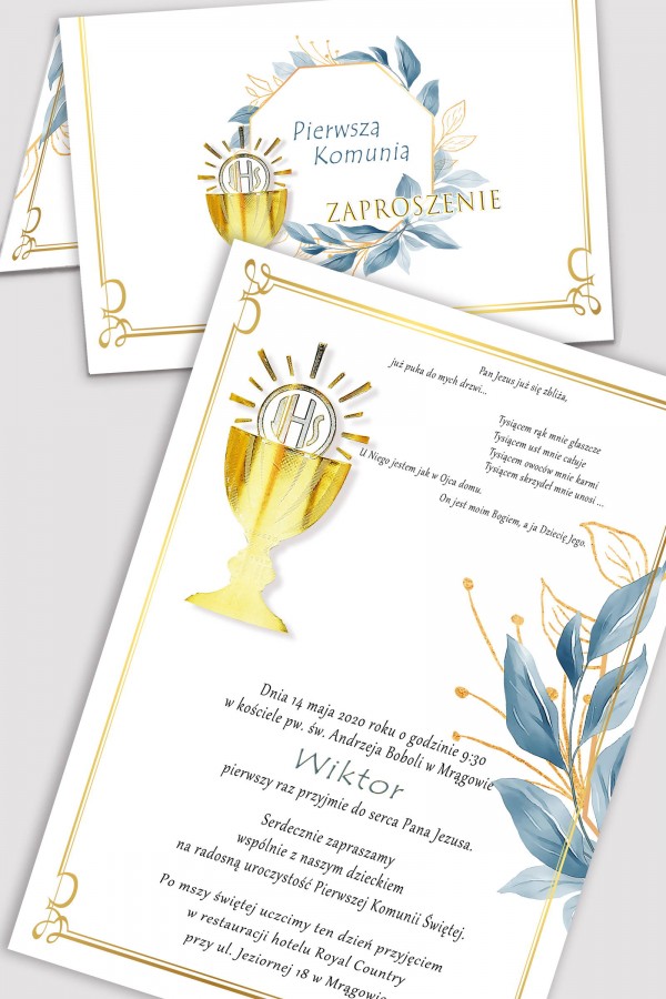Personalizowane zaproszenia komunijne z zestawów - Złoto z nutką granatu