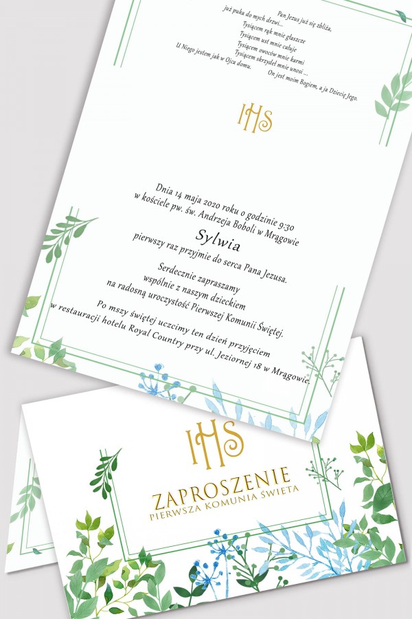 Personalizowane zaproszenia komunijne z zestawów - Wiosenne listki