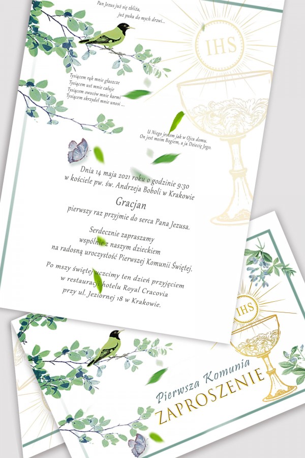 Personalizowane zaproszenia komunijne z zestawów - Słowik w gaju