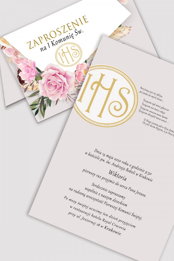 Personalizowane zaproszenia komunijne z zestawów - Piwonia i róża