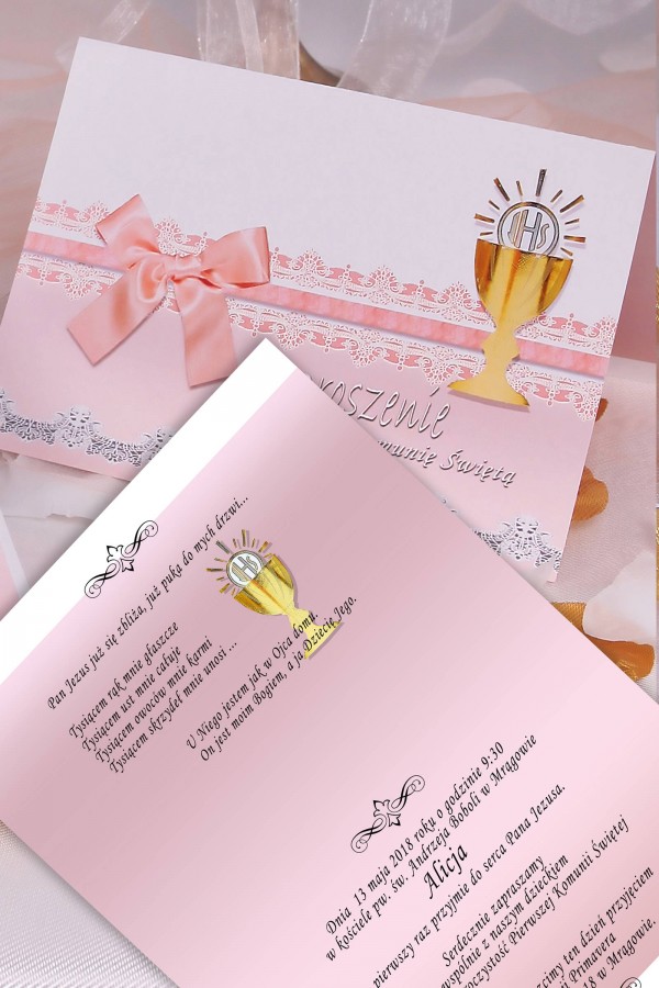 Personalizowane zaproszenia komunijne z zestawów - Koronka różowa