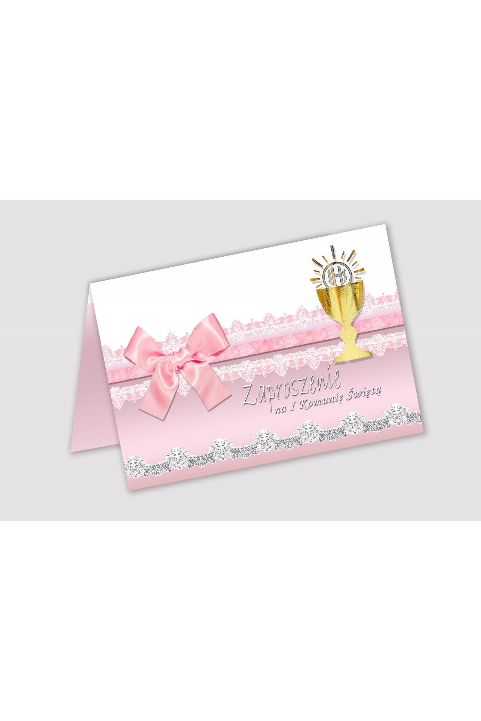 Personalizowane zaproszenia komunijne z zestawów - Koronka różowa - obraz 1