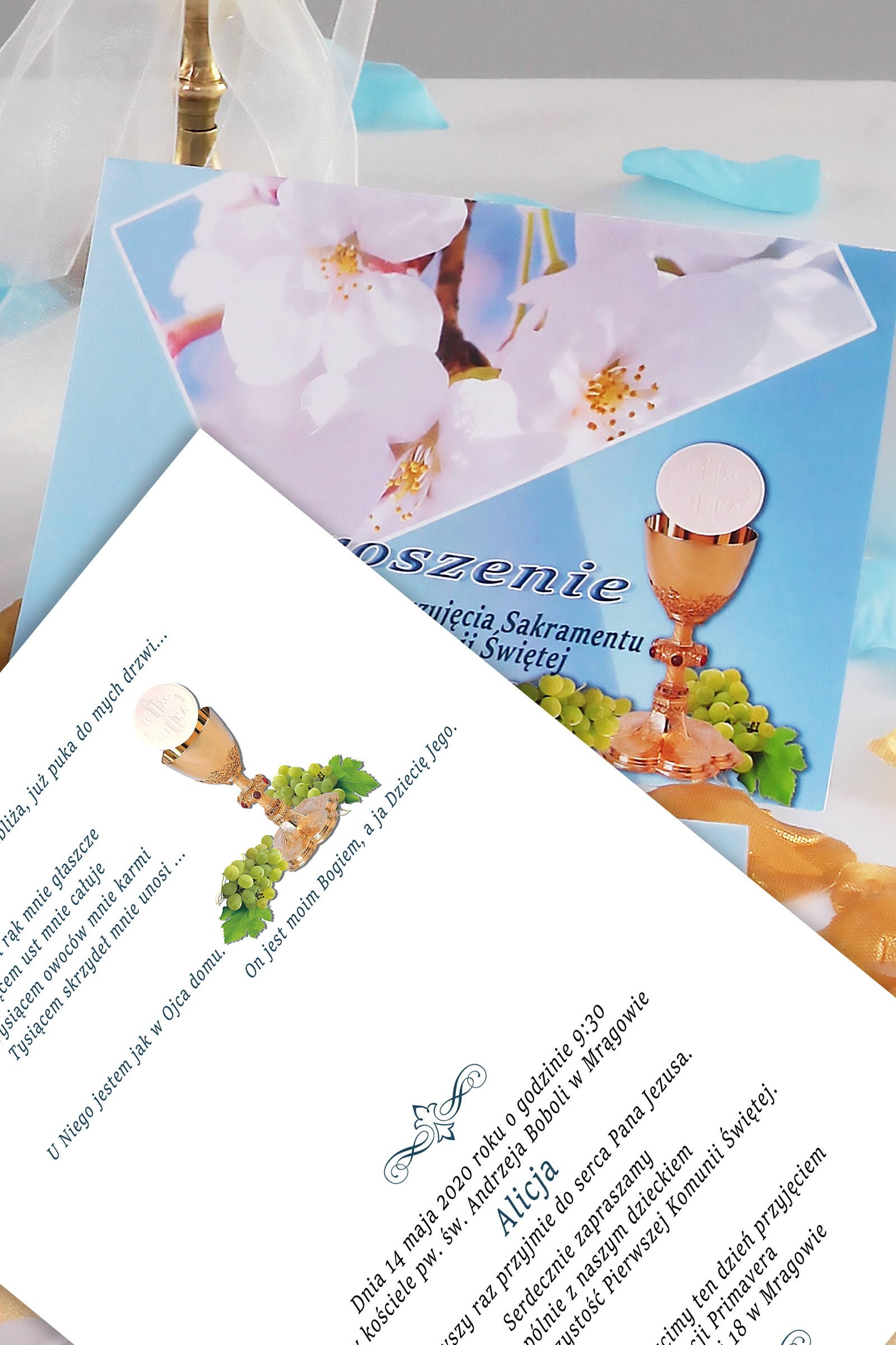 Personalizowane zaproszenia komunijne z zestawów - Turkusowa jabłoń - obraz 0