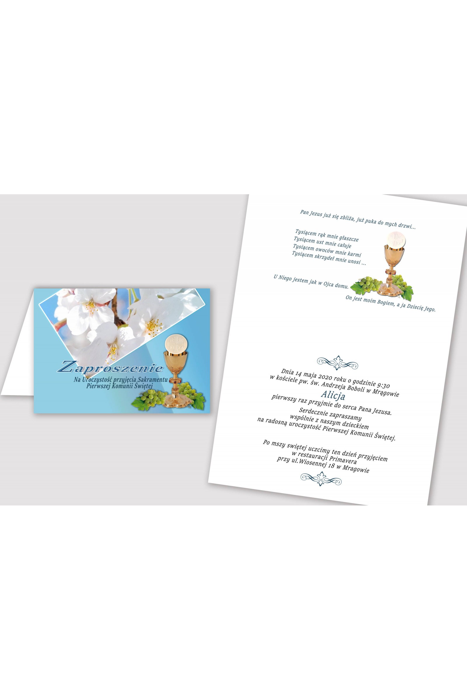 Personalizowane zaproszenia komunijne z zestawów - Turkusowa jabłoń - obraz 2