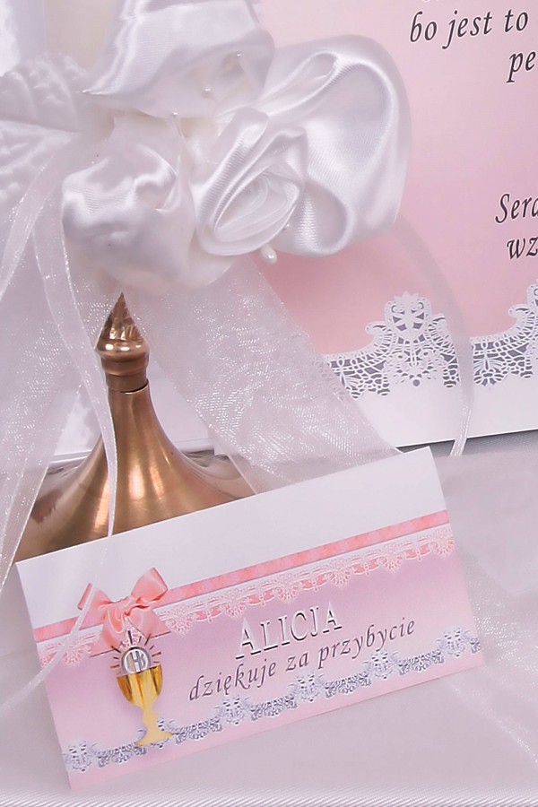 Personalizowane winietki komunijne - Koronka różowa