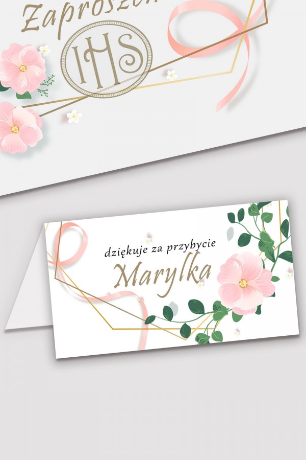 Personalizowane winietki komunijne - Różowa wstążeczka