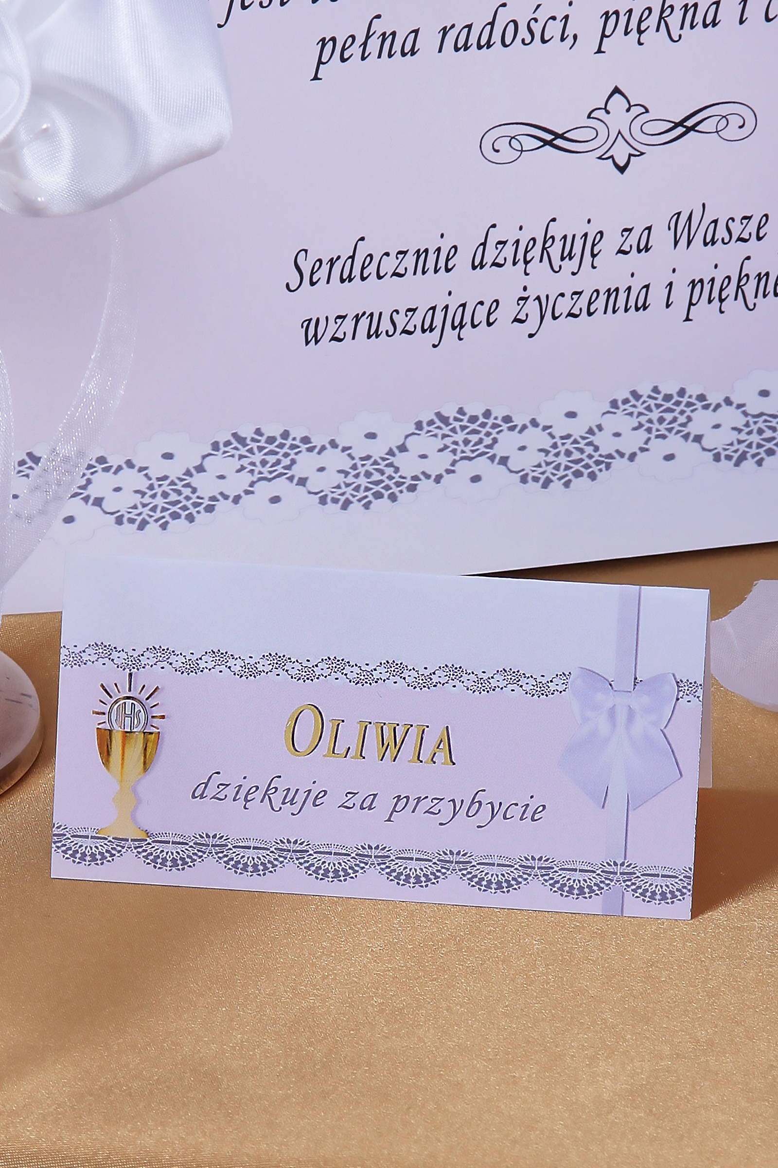 Personalizowane winietki komunijne - Koronka biała - obraz 0