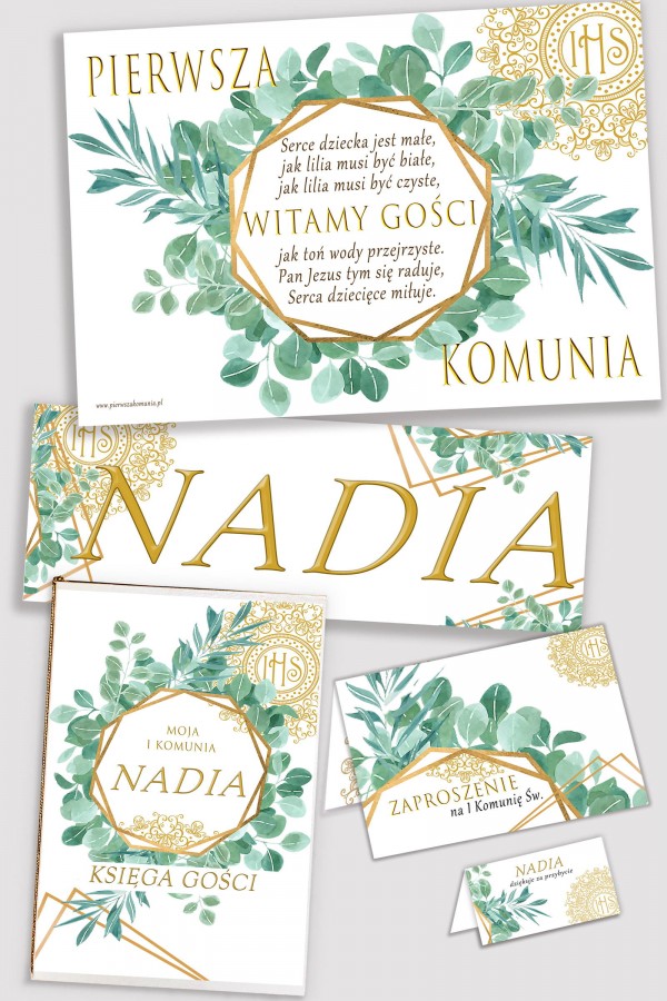 Personalizowany dekoracyjny zestaw komunijny - Finezyjny Eukaliptus